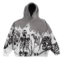 GOZYLA Men Skeleton Flamme Letter Print Zip Up Hoodies Sweatshirts Y2k Top Jeans Goth Vintage Cute Coton Pull Maskiert Clothes Pullover Streetwear (Color : E-Grey, Size : M) von GOZYLA