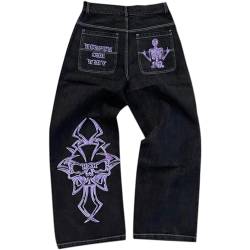 GOZYLA Y2k Baggy Jeans für Männer Grunge Vintage Entspannte Passform Skateboard Jeans Lockere Vintage Totenkopf Stickerei Hip Hop Tanz Denim Hose (Color : C, Size : XXL) von GOZYLA