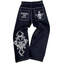 GOZYLA Y2k Baggy Jeans für Männer Grunge Vintage Entspannte Passform Skateboard Jeans Lockere Vintage Totenkopf Stickerei Hip Hop Tanz Denim Hose (Color : D, Size : M) von GOZYLA