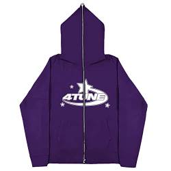 GOZYLA Zip Hoodie Herren Y2k Crop Top 90er Jahre Vintage Zip Up Hoodies College Jacke Mädchen Oversized Sweatshirt Stern Casual Jacke mit Taschen Punk (Color : A-Purple, Size : L) von GOZYLA