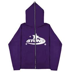 GOZYLA Zip Hoodie Herren Y2k Crop Top 90er Jahre Vintage Zip Up Hoodies College Jacke Mädchen Oversized Sweatshirt Stern Casual Jacke mit Taschen Punk (Color : A-Purple, Size : XL) von GOZYLA