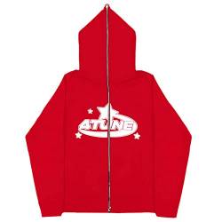 GOZYLA Zip Hoodie Herren Y2k Crop Top 90er Jahre Vintage Zip Up Hoodies College Jacke Mädchen Oversized Sweatshirt Stern Casual Jacke mit Taschen Punk (Color : A-Red, Size : XXL) von GOZYLA