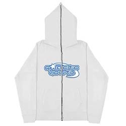 GOZYLA Zip Hoodie Herren Y2k Crop Top 90er Jahre Vintage Zip Up Hoodies College Jacke Mädchen Oversized Sweatshirt Stern Casual Jacke mit Taschen Punk (Color : B-White, Size : L) von GOZYLA