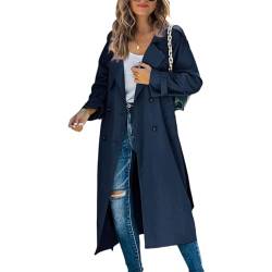 GOZYLA Zweireihiger Duster Trenchcoat für Damen Schmaler Maxi Langmantel in Voller Länge Geeignet für Frühlings und Herbstkleidung (Color : Navy blue, Size : XXL) von GOZYLA