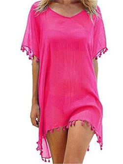 GPLOPEEY Chiffon Strandbekleidung für Damen Quasten Bikini Oberteil Solides Strandkleid See Through Badeanzug Sommerkleid Bademode (Pink, One Size) von GPLOPEEY