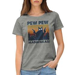 Vintage Pew Pew Madafakas Motherfuckers Cat with Guns Damen Grau T-Shirt Size M von GR8Shop