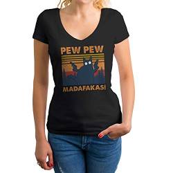 Vintage Pew Pew Madafakas Motherfuckers Cat with Guns Damen V-Ausschnitt Schwarz T-Shirt Size L von GR8Shop