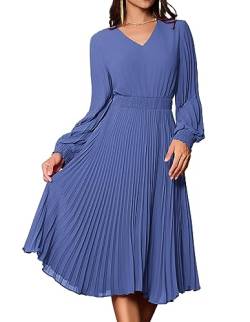 Damen A-Linie Faltenrock Elegant Kleid Langarm V-Ausschnitt Swing Cocktailkleid Casual Freizeitkleid S Grau Blau CLK022A23-02 von GRACE KARIN