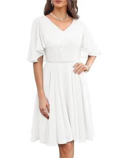 Damen Ballkleider A-Linien-Silhouette Kurzarm mit Fledermaus Abendkleid Chiffon Knielang mit Faltensaum Elegant Leicht für Hochzeit Weiß 46 von GRACE KARIN