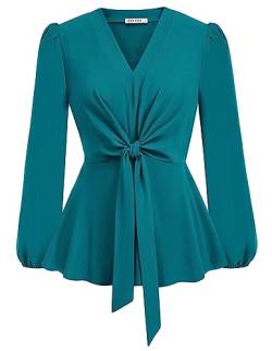 Damen Basic Elegant Bluse A-Linie Langärmlige Shirt V-Ausschitt Elastische Taille Top mit Schleifegürtel Leicht Sommer Blau Grün M von GRACE KARIN