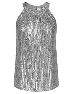 Damen Bluse Loose Fit Rundhals Tops Neckholder Pailletten Oberteile T-Shirt Silber Grau XL CL1792A22-04 von GRACE KARIN