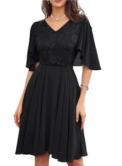 Damen Chiffon Cocktailkleid Kurzarm mit Fledermaus Elegant für Hochzeit Festliche Kleider A-Line Brautjungfernkleid Schwarz 38 von GRACE KARIN