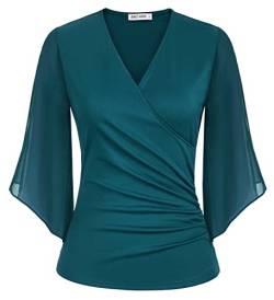 Damen Elegant Chiffon Bluse 3/4 Ärmel Loose Fit V-Ausschnitt Tops Blumendruck Casual Shirt CL1418A22-9_2XL von GRACE KARIN