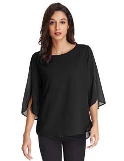 Damen Elegant Chiffon Bluse 3/4 Ärmel Oberteile Langarmshirt Rundhals Tops Casual Shirt 2XL Schwarz CLAF15-3 von GRACE KARIN