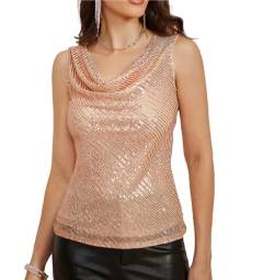 Damen Elegant Lockere Passform Übergröße Bequemes Shirt Sexy Wasserfall-Ausschnitt Sequin Top Rosa XL von GRACE KARIN