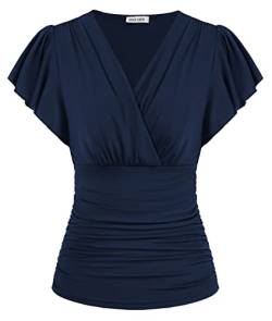 Damen Elegant T-Shirt Kurzarm V-Ausschnitt Einfarbig Slim Fit Plissee-Tops Tunika Blusen von GRACE KARIN