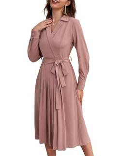 Damen Elegante Abschlusskleider A-Linie Businesskleid Lange Ärmel Casual Reverskragen Büro Kleid mit Taillengürtel Faltensaum Midi Dunkelpink XXL von GRACE KARIN