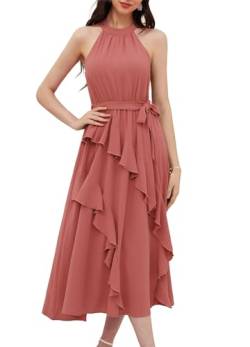 Damen Frühling Freizeitkleid Ärmellos Bohokleid Rüschen Elegant Abendkleider Abschlussball Bauchweg A-Linie Maxikleid Rosa M von GRACE KARIN