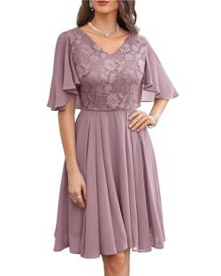 Damen Lace Oberteile Chiffonkleid V-Ausschnitt A-Line Geschneidert Partykleid mit Kurze Fledermausärmel Elegant Klassisch Hochzeit Rosa 48 von GRACE KARIN