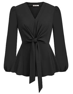 Damen Langärmliges Oberteile V-Ausschnitt Bluse A-Linie Slim Fit Tunika Elegant Sommershirt mit Elastischem Taille Schwarz S von GRACE KARIN