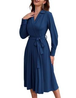 Damen Langarm Businesskleid Arbeit A-Linie Kleid Elegant Hochzeit Gast Büro Kleider V-Ausschnitt Party CocktailKleid Navy Blau L von GRACE KARIN