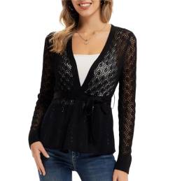 Damen Langarm Vorne Offen Strickjacke Casual Leichte Sommer High Stretchy Cardigan Fashion Hohler Elegant Schwarz XXL von GRACE KARIN