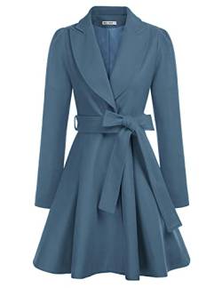 Damen Langarm mit Gürtel Wintercoat Mantel Revers Wintermantel Warm Jacke einfarbig Casual Style Mantel Outwear Stahlblau S CLX005A20-13 von GRACE KARIN