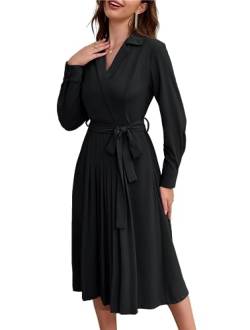 Damen Loose Fit Cocktailkleid Langarm Business Kleid Elegant umgeschlagenen Kragen A-Linie Kleid mit Faltensaum Schwarz S von GRACE KARIN