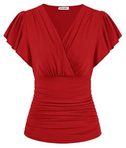 Damen Oberteile V Ausschnitt Chiffon Bluse Lässige Elegant Lose Einfarbig Shirt Tunika Tops Groß Rot-kurz XXL von GRACE KARIN