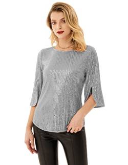 Damen Pailletten Bluse 3/4 Ärmel Loose Fit Casual Tops Elegant Oberteile S Silber Grau CL1777A22-07 von GRACE KARIN