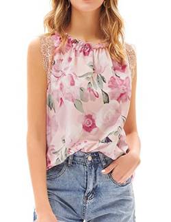 Damen Rundhals Tops Sommer Bluse Loose Fit Spitzenschulter Oberteile T-Shirt Rosa Blume XL CL0165S21-01 von GRACE KARIN