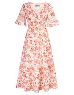 Damen Vintage Kurzarm Kleid Cocktail Kurzarm A-Linie V-Ausschnitt Kleid Elastische Taille Strandkleid Pinke Blume XL von GRACE KARIN