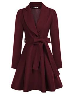 Damen Weinrot Langarm Mantel Revers Wintercoat mit Gürtel Wintermantel Warm Jacke Mantel Casual Style Outwear Weinrot L CLX005A20-14 von GRACE KARIN