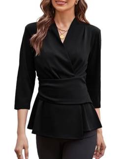 Damen Wickel V-Ausschnitt Hemd Elegant Shirt 3/4 Arm Arbeits Tops Oberteile Casual T-Shirts Schwarz S von GRACE KARIN