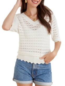 Frauen Kurzarm Pullover Tops 2024 Frühling Sommer Trendy V-Ausschnitt Casual Stricken T Shirts Blusen Weiß S von GRACE KARIN