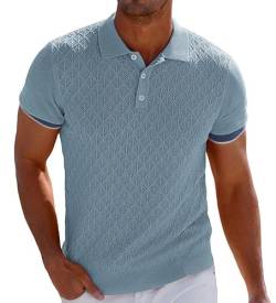 GRACE KARIN Atmungsaktive Herren-Polo-Shirts, kurze Ärmel, leichte Strickstruktur, Golf-Shirts, Tops, Grau, Blau, XL von GRACE KARIN