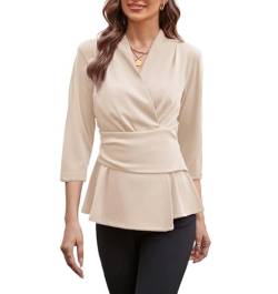 GRACE KARIN Bluse Damen Elegant 3/4 Ärmel V-Ausschnitt Oberteil Einfarbig Slim Fit Business Top Tunika Bluse mit dekorativer XL von GRACE KARIN