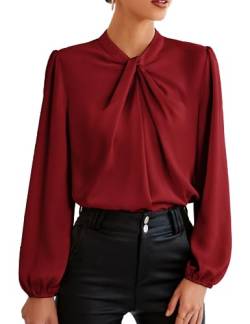 GRACE KARIN Bluse Damen Herbst Bowtie Casual rot Langarm top CL2199-2 2XL von GRACE KARIN