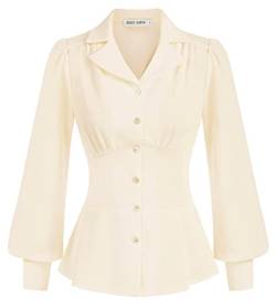 GRACE KARIN Button-Down-Shirts für Damen, Schößchen-Tops, langärmelig, Arbeitsbluse, Kragenhemd, elegantes Oberteil, Elfenbein, XX-Large von GRACE KARIN