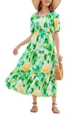 GRACE KARIN Damen Blumen-Strandkleid lockere Passform böhmisches Sommerkleid mit hoher Taille grüne Blume M von GRACE KARIN