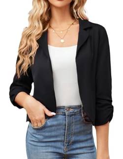 GRACE KARIN Damen Business Casual Cropped Blazerjacke Offene Blazer 3/4 Ärmel kurz Leicht Jacke Mantel Strickjacke Cardigan L Schwarz-Anzugstoff CL2584A23-01 von GRACE KARIN