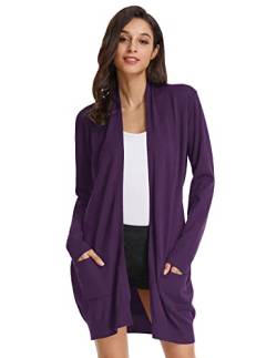 GRACE KARIN Damen Casual Open Front Cardigan Lange Strickpullis mit Taschen, deep purple, Groß von GRACE KARIN