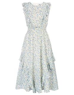 GRACE KARIN Damen Casual Strandkleid Rund-Ausschnitt Blumenkleid Lässig Midikleid, Farbe: Blaue Blumen auf Weiß, Größe: L von GRACE KARIN