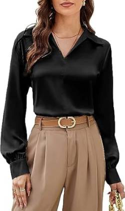 GRACE KARIN Damen Causal Langarmshirt V-Ausschnitt Hemd Lose Satin Oberteil Elegant Einfarbig Shirt, Farbe: Schwarz, Größe: M von GRACE KARIN