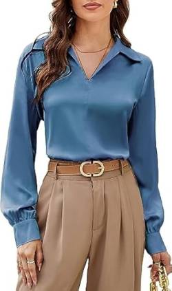 GRACE KARIN Damen Causal Langarmshirt V-Ausschnitt Hemd Lose Satin Oberteil Elegant Einfarbig Shirt, Farbe: Stahlblau, Größe: M von GRACE KARIN