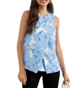 GRACE KARIN Damen Chiffon Cami Neckholder Tank Top Business Hemdbluse Vintage Ärmellose Bluse Schlicht Oberteile Büro Blau auf Weiß 40 von GRACE KARIN