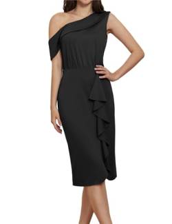 GRACE KARIN Damen Eine Schulter Cocktailkleid Lotusblattdekoration Hohe Taille Abendkleid Schwarz M von GRACE KARIN