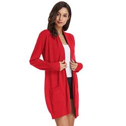 GRACE KARIN Damen Elastisch Strickjacke Langarm Offene Lang Knitwear Cardigan mit Taschen Strickmantel 2XL Rot von GRACE KARIN