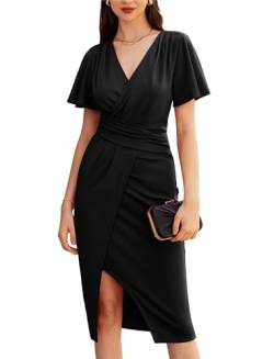 GRACE KARIN Damen Elegant Kurzärmliges Kleid Slim Fit WickelKleid V-Ausschnitt Hüftbetontem Cocktailkleid Festlich Knielang Midikleid Hochzeit Gast Kleid Schwarz L von GRACE KARIN