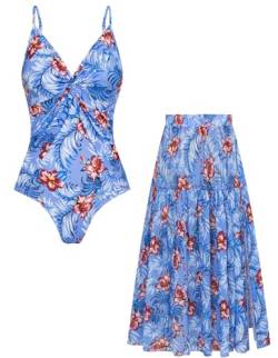 GRACE KARIN Damen Eleganter Zweiteiliger Badeanzug mit Straps V Ausschnitt für Pool Party Blau rote Blume M von GRACE KARIN